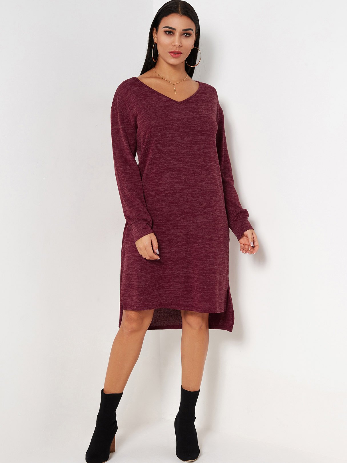 Wholesale Red V-Neck Long Sleeve Slit Hem Dresses