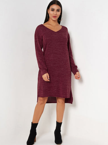 Wholesale Red V-Neck Long Sleeve Slit Hem Dresses