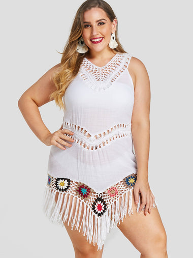Wholesale Tassel Crochet Lace Embellished Hollow Sleeveless White Plus Size Tops