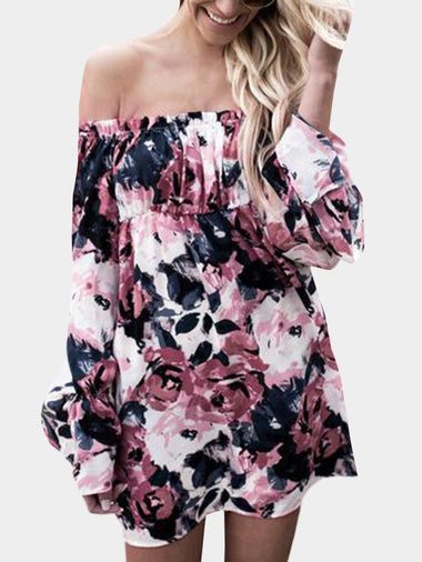Wholesale Off The Shoulder Long Sleeve Floral Print Mini Dress