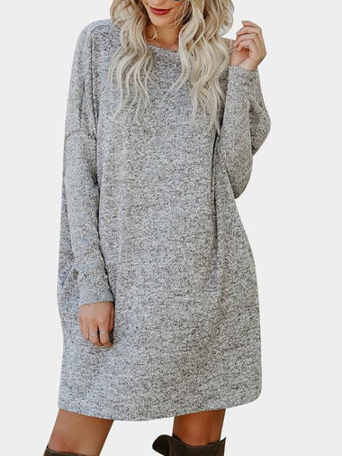 Wholesale Grey Round Neck Long Sleeve Side Pockets Mini Dress