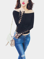 Wholesale Off The Shoulder Lace-Up Long Sleeve T-Shirts