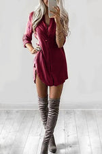 Wholesale V-Neck Long Sleeve Zip Back Curved Hem Shirt Dress