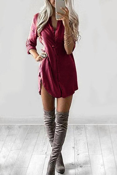Wholesale V-Neck Long Sleeve Zip Back Curved Hem Shirt Dress