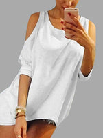 Wholesale Round Neck Cold Shoulder Plain Cut Out Half Sleeve Curved Hem T-Shirts