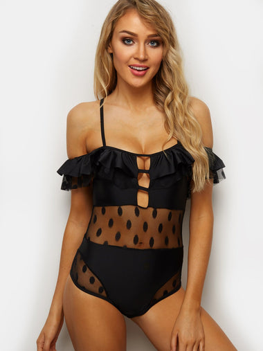 Wholesale Short Sleeve Polka Dot Lace-Up See Through One-Pieces Swimwears