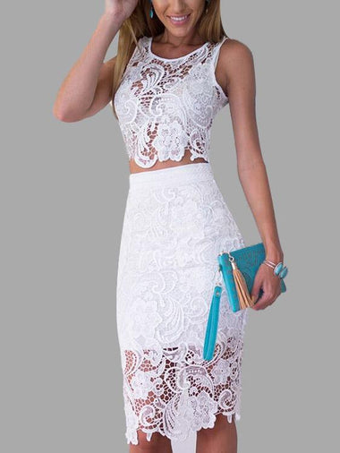 Wholesale White Crew Neck Sleeveless Lace Two Piece Outfits