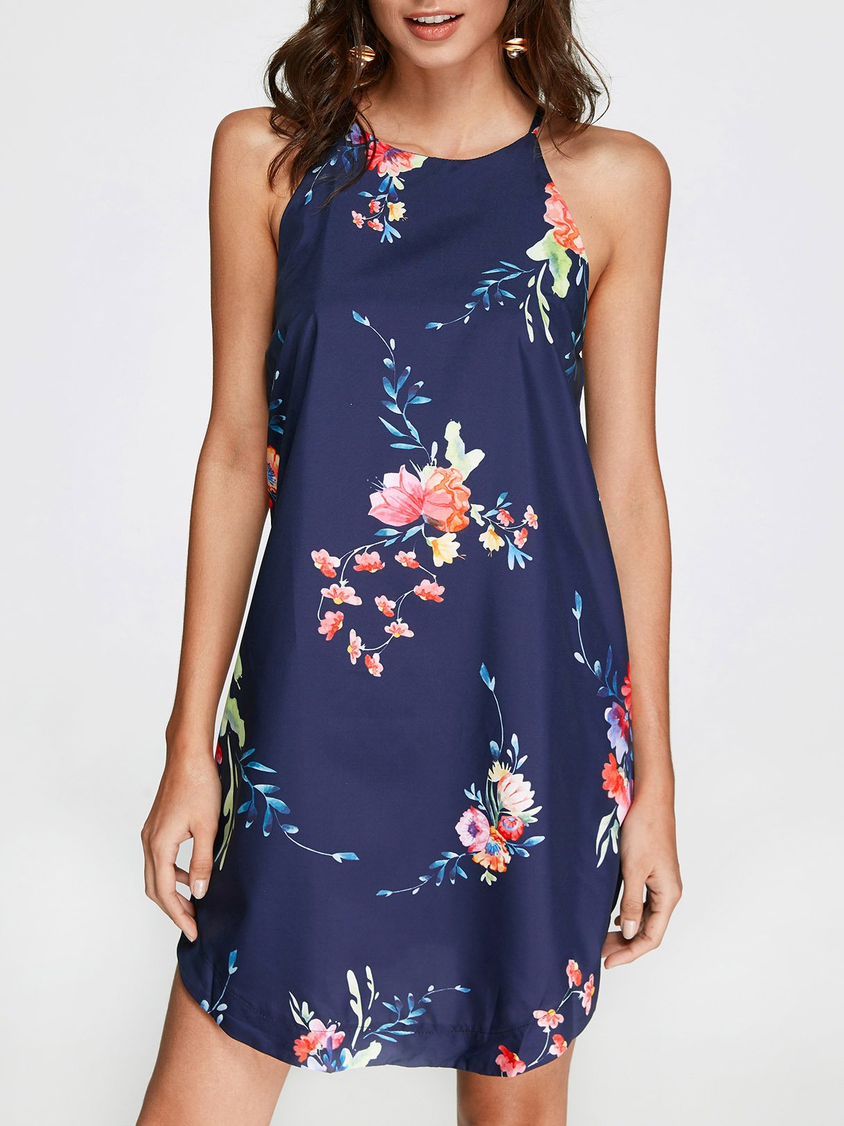 Wholesale Sleeveless Round Neck Floral Print Curved Hem Navy Dresses