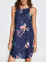 Wholesale Sleeveless Round Neck Floral Print Curved Hem Navy Dresses