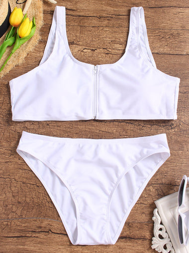 Wholesale White Scoop Neck Sleeveless Zip Back Two Piece Bikinis