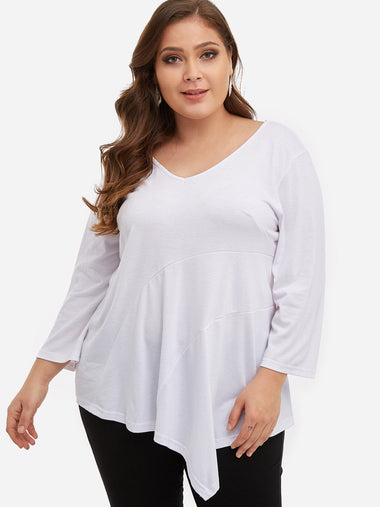 Wholesale V-Neck Plain Long Sleeve Asymmetrical Hem White Plus Size Tops
