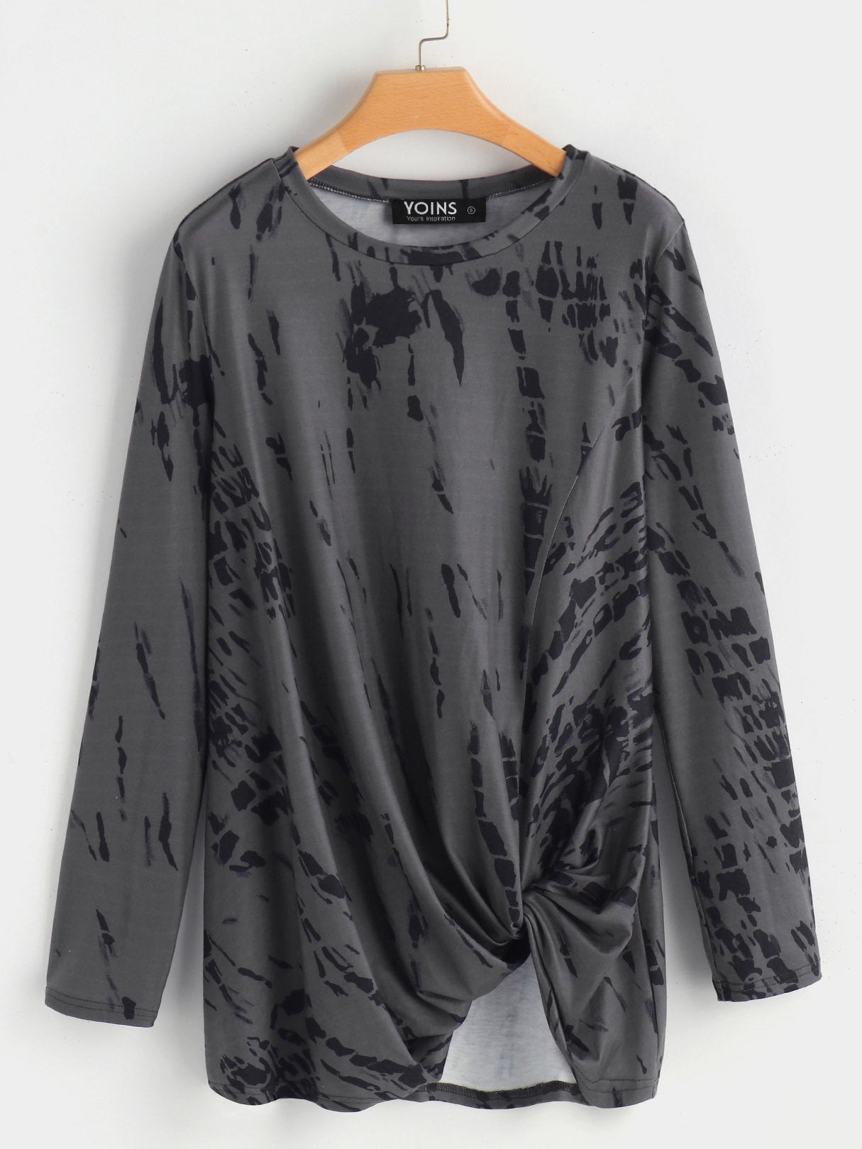 Wholesale Round Neck Floral Print Crossed Front Long Sleeve Irregular Hem Grey T-Shirts