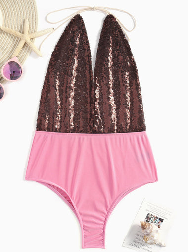 Wholesale Pink V-Neck Sleeveless Sequins Embellished One-Pieces