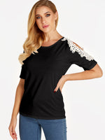 Wholesale Cold Shoulder Plain Lace Short Sleeve Black T-Shirts