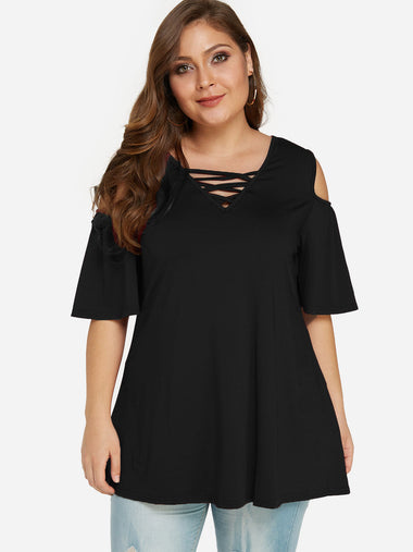 Wholesale V-Neck Cold Shoulder Plain Hollow Short Sleeve Black Plus Size Tops