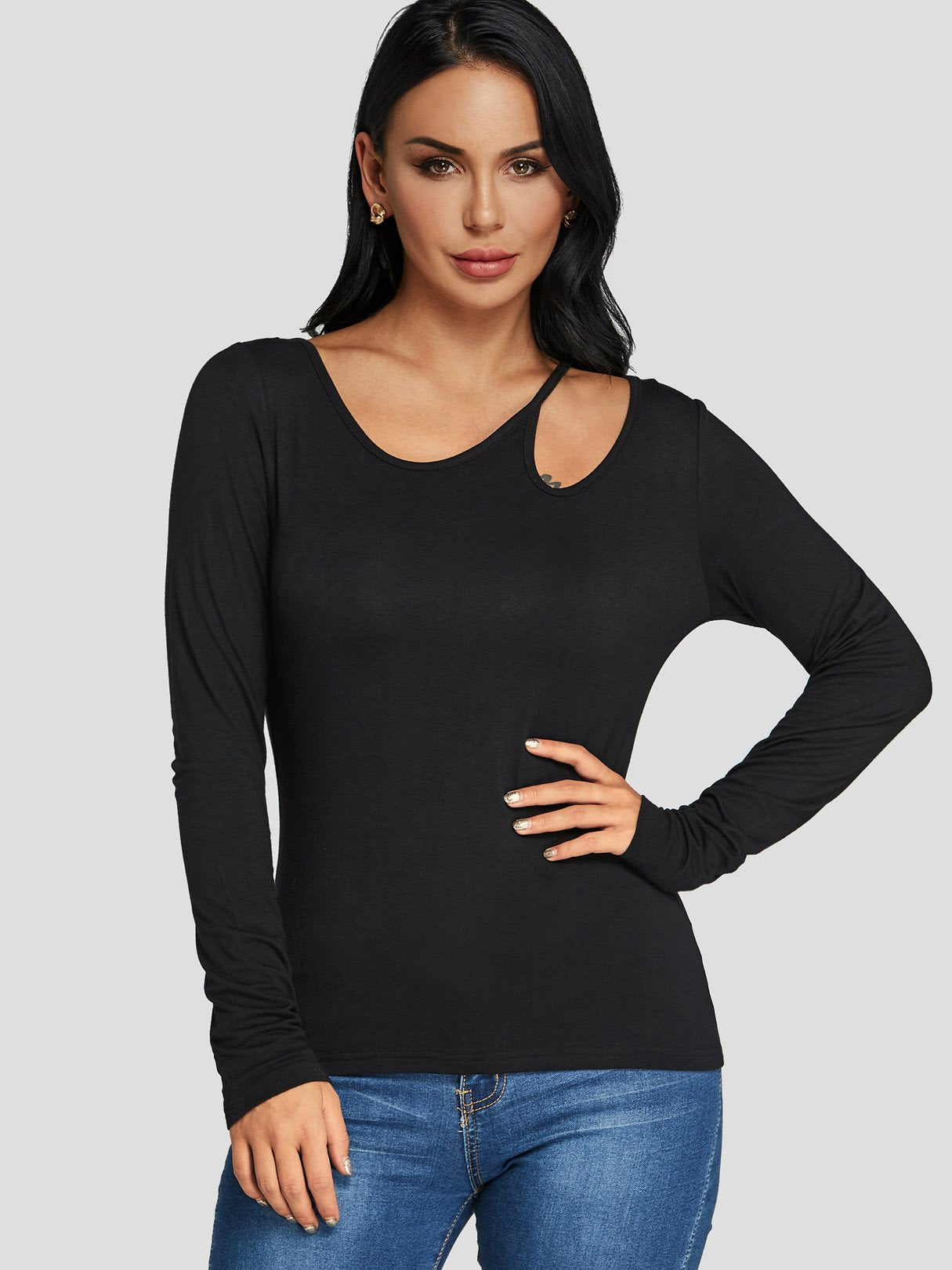Wholesale Round Neck Cut Out Long Sleeve Black T-Shirts