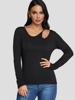 Wholesale Round Neck Cut Out Long Sleeve Black T-Shirts