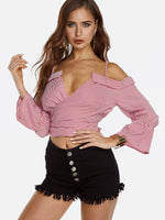 Wholesale Off The Shoulder Deep V Neck Stripe Lace-Up Long Sleeve Pink Top