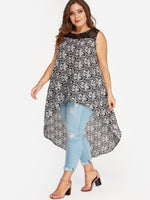 Wholesale Scoop Neck Baroque Lace Sleeveless High-Low Hem Plus Size Tops
