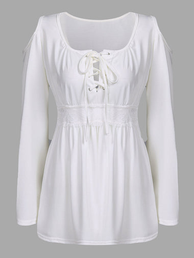 Wholesale Cold Shoulder Lace Long Sleeve White T-Shirts