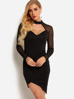 Wholesale Black Halter Long Sleeve Plain Cut Out See Through Irregular Hem Sexy Dress