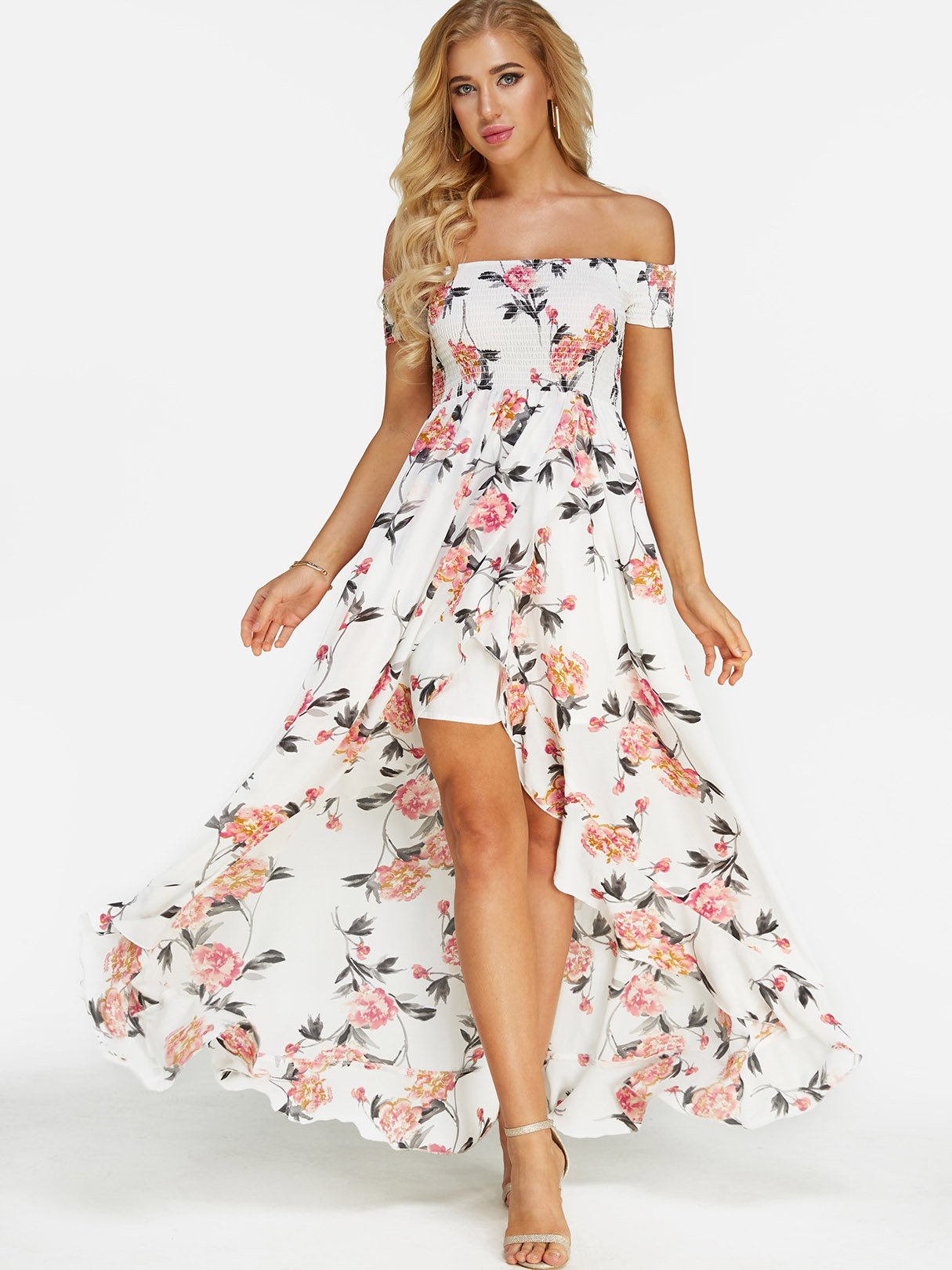 Wholesale White Off The Shoulder Sleeveless Floral Print Backless Maxi Dresses