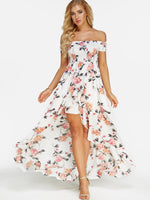 Wholesale White Off The Shoulder Sleeveless Floral Print Backless Maxi Dresses