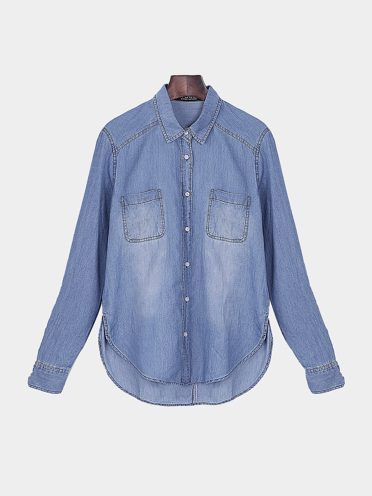 Wholesale Long Sleeve Curved Hem Blue Blouse