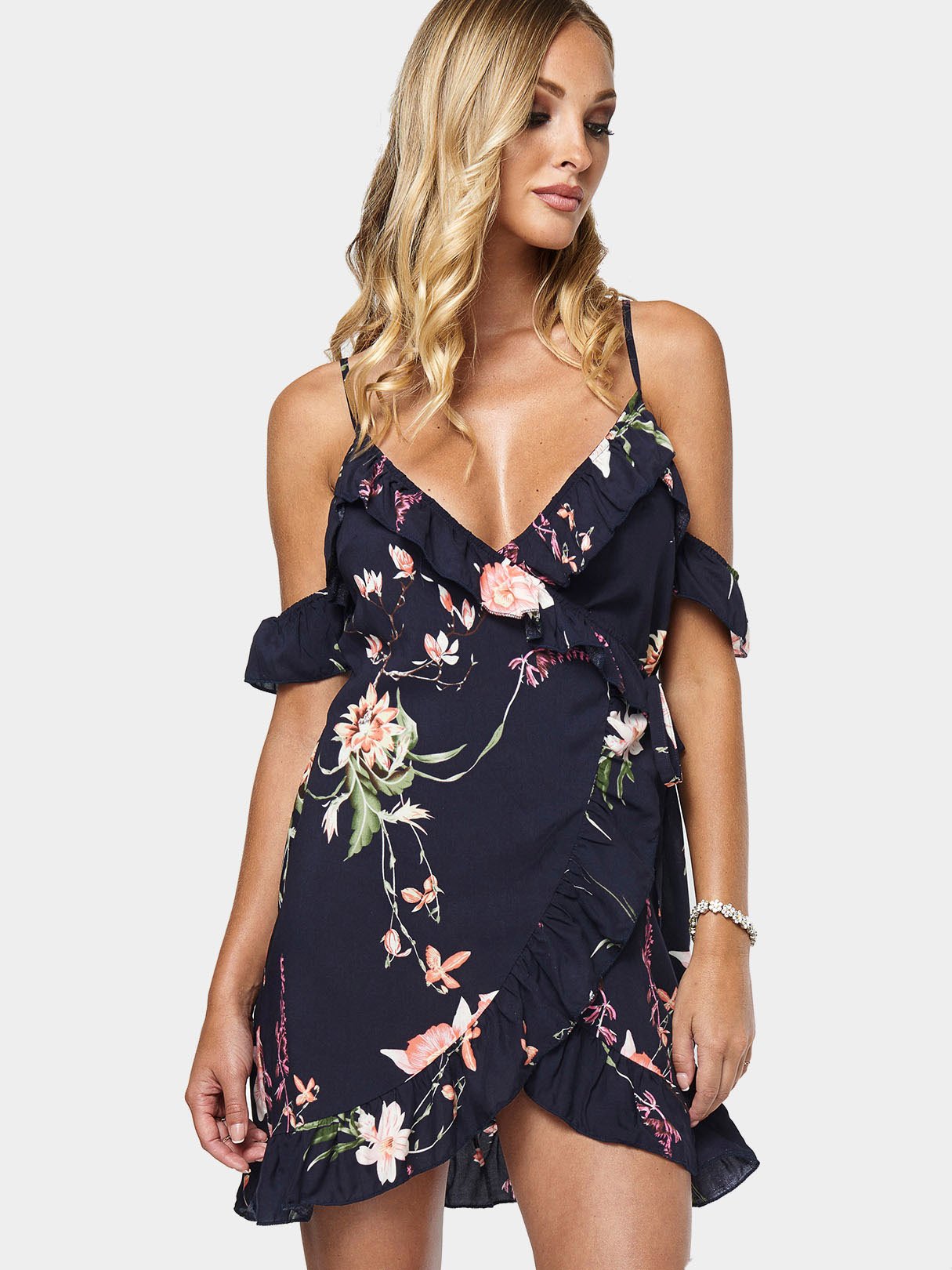 Wholesale V-Neck Short Sleeve Floral Print Backless Wrap Dresses