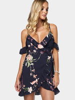 Wholesale V-Neck Short Sleeve Floral Print Backless Wrap Dresses