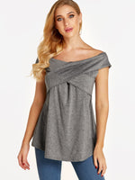 Wholesale Bateau Off The Shoulder Plain Crossed Front Pleated Short Sleeve Curved Hem Grey T-Shirts