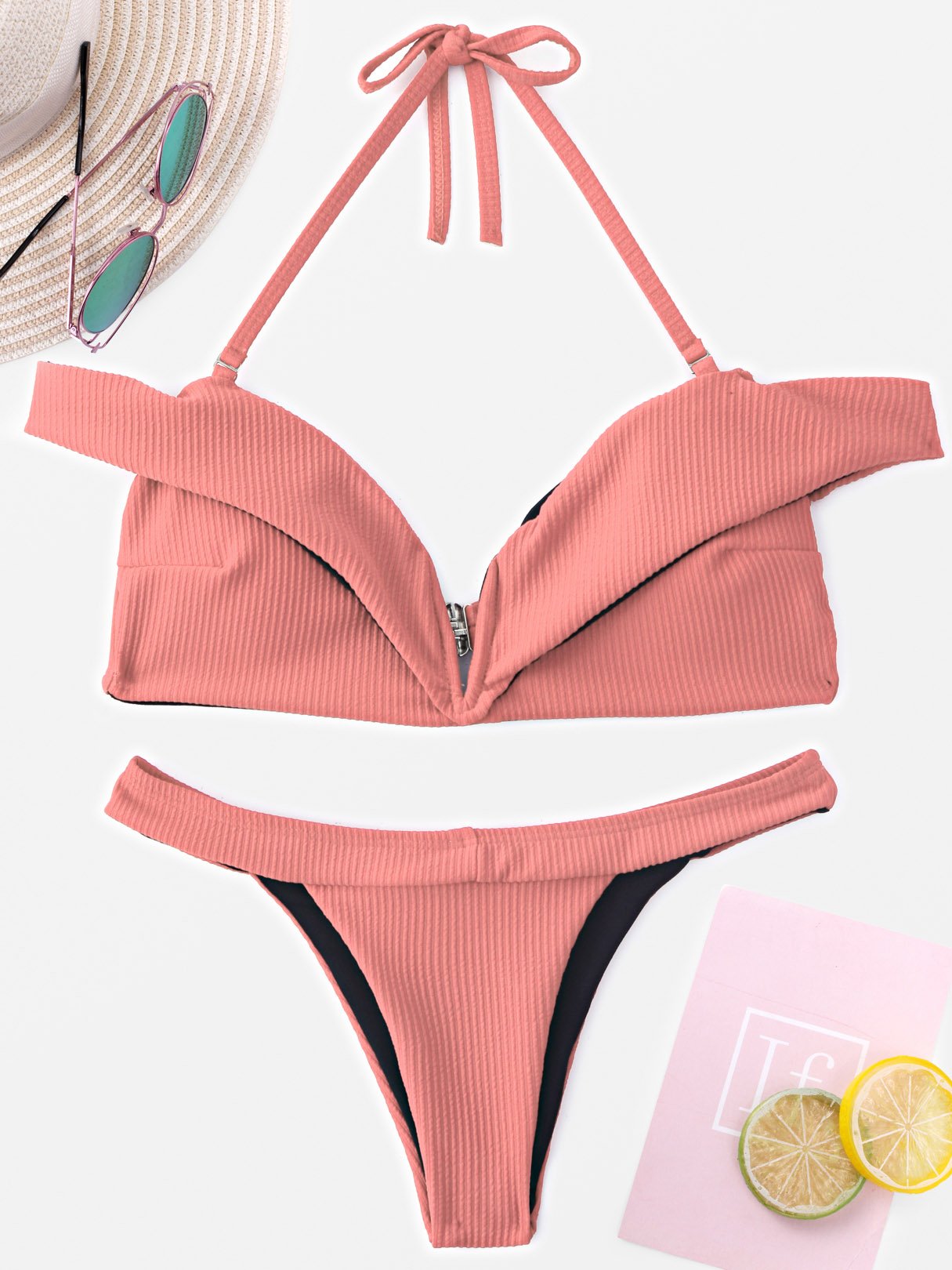 Wholesale V-Neck Plain Tie-Up Sleeveless Pink Bikinis