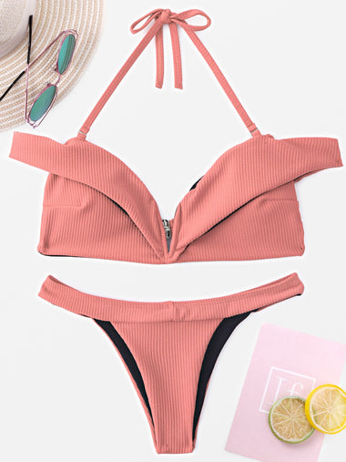 Wholesale V-Neck Plain Tie-Up Sleeveless Pink Bikinis