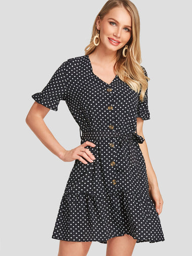 Wholesale V-Neck Short Sleeve Polka Dot Self-Tie Flounced Hem Chiffon Dress