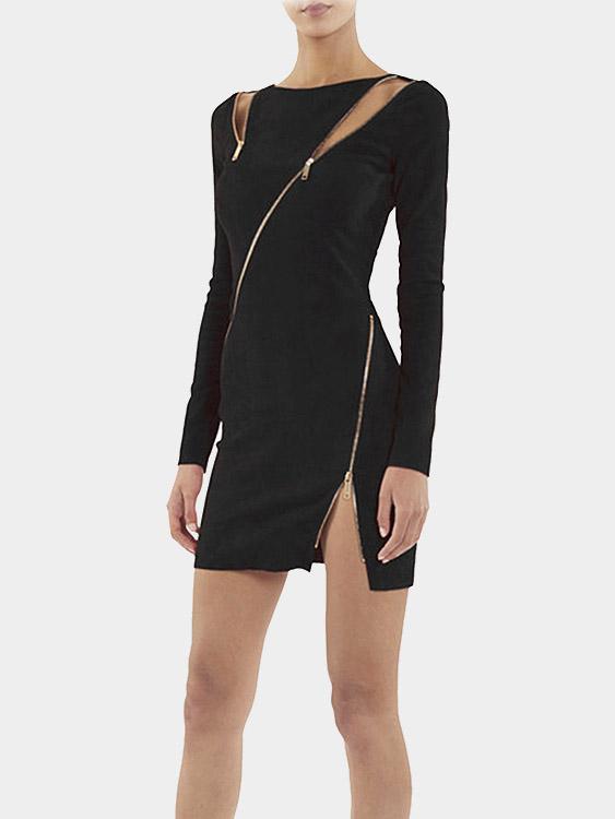 Wholesale Black Round Neck Long Sleeve Zip Back Slit Hem Mini Dress
