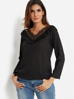 Wholesale V-Neck Long Sleeve Lettuce-Edge Black Top