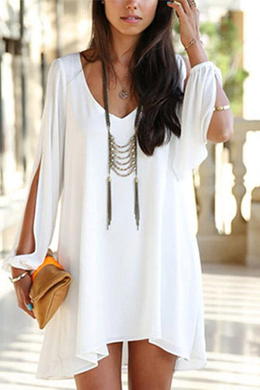 Wholesale White V-Neck Long Sleeve Chiffon Dresses