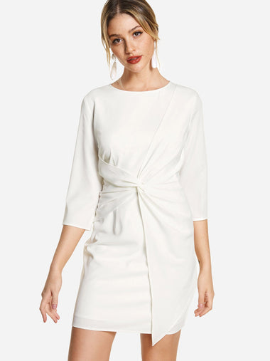 Wholesale White Round Neck 3/4 Sleeve Length Plain Zip Back Casual Dresses