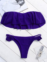 Wholesale Royal Off The Shoulder Sleeveless Plain Ruffle Hem Bikinis