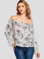 Wholesale Floral Print Lace Insert Long Sleeve White Blouses