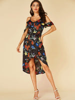 Wholesale Black Round Neck Cold Shoulder Sleeveless Floral Print Spaghetti Strap Self-Tie Slit Hem Dresses