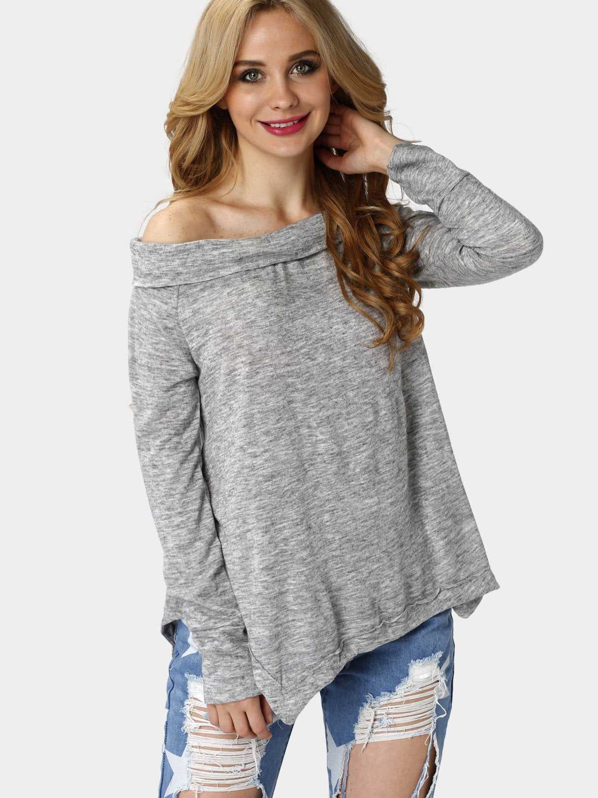 Wholesale Grey Bateau Off The Shoulder Long Sleeve Irregular Hem T-Shirts