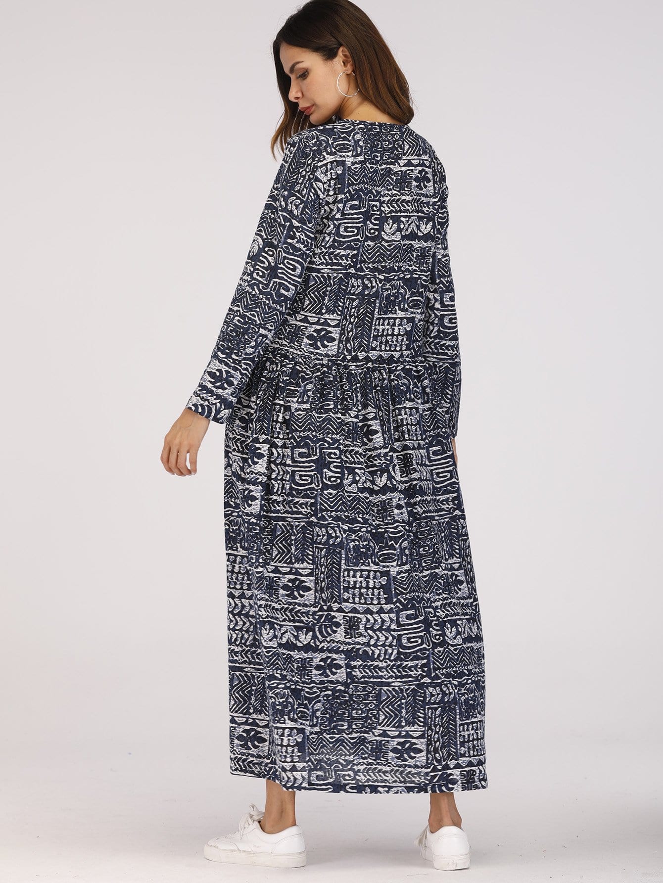 Mixed Print Keyhole Front Smock Dress