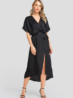 Wholesale Black V-Neck Short Sleeve Plain Self-Tie Wrap Slit Hem Casual Dress