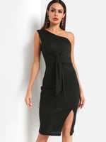 Wholesale Black One Shoulder Sleeveless Self-Tie Slit Hem Sexy Dresses