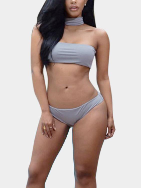 Wholesale Grey Tube Top Strapless Sleeveless Backless Bodycon Two Piece Bikinis