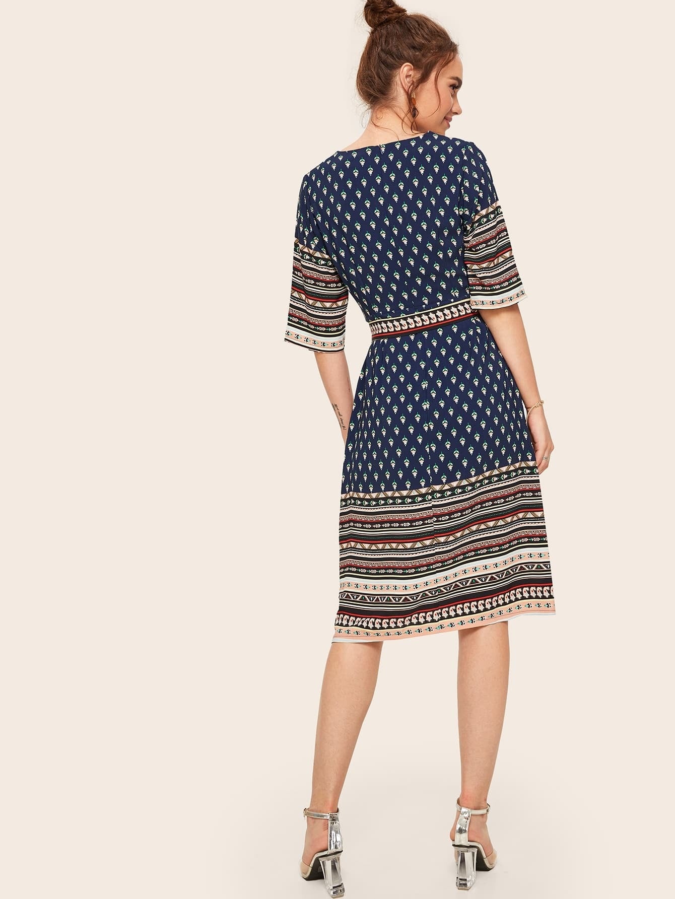 Aztec Print V-neck Self Tie Dress