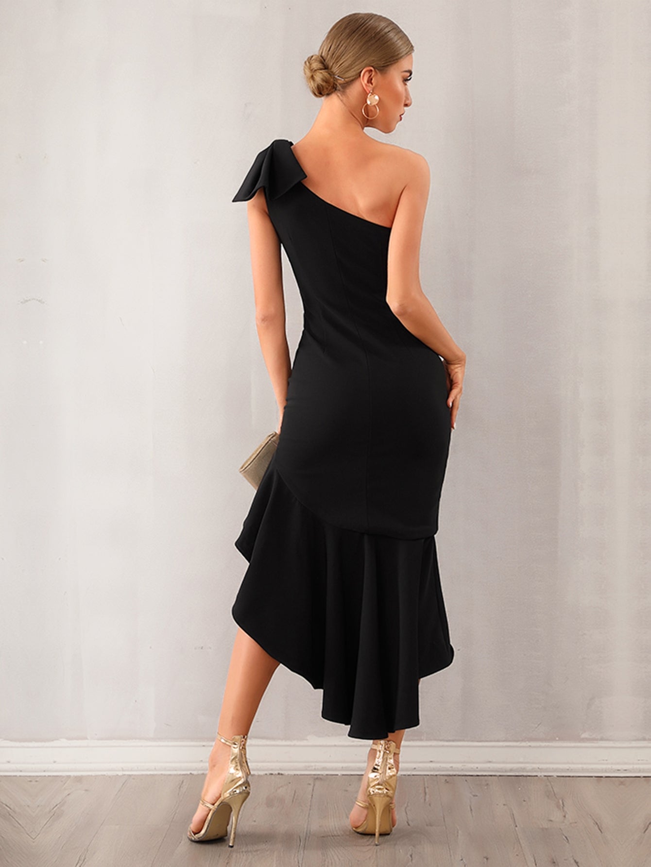 ADYCE One Shoulder High low Ruffle Hem Knotted Dress