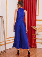 Pleated Wide Leg Belted Halter Jumpsuit
