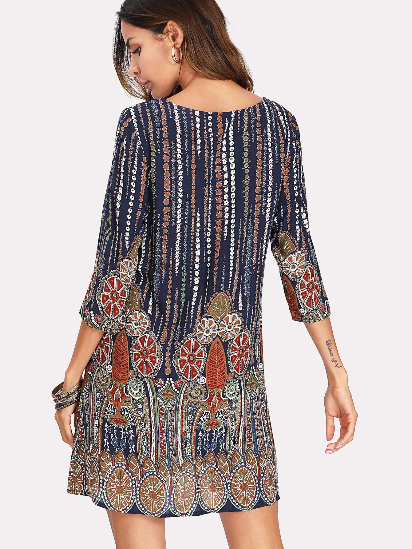 3/4 Sleeve Mixed Print Tunic Dress